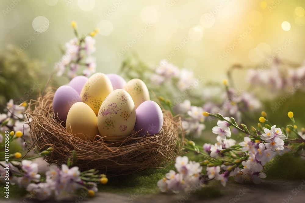 Happy Easter. Nest filled with vibrant, hand-painted Easter eggs surrounded by delicate spring flowers, bathed in warm sunlight. A picturesque celebration of Easter and the beauty of spring