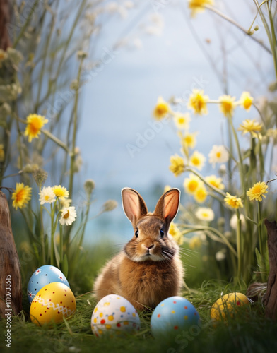 Obraz na płótnie Happy Easter. Adorable bunny sitting among colorful, decorated Easter eggs in a sunny spring meadow, surrounded by fresh flowers and green grass. A charming and festive Easter-themed scene full of joy w salonie