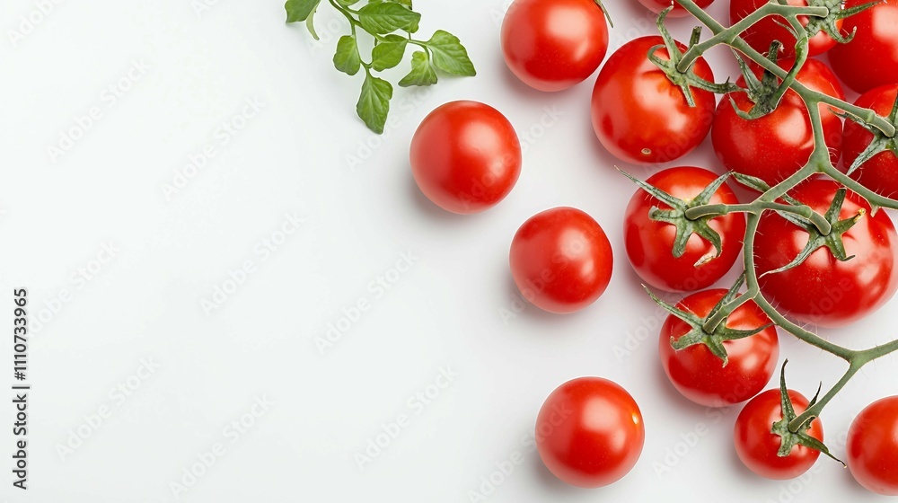 Fresh Red Tomatoes on White Background with Green Leaves and Stems Fresh Red Tomatoes on White Background with Green Leaves and Stems