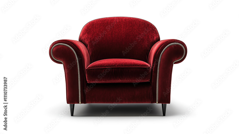Luxurious deep red velvet armchair with rolled arms and silver piping, showcasing elegant design against a clean white background. Luxurious deep red velvet armchair with rolled arms and silver piping, showcasing elegant design against a clean white background.