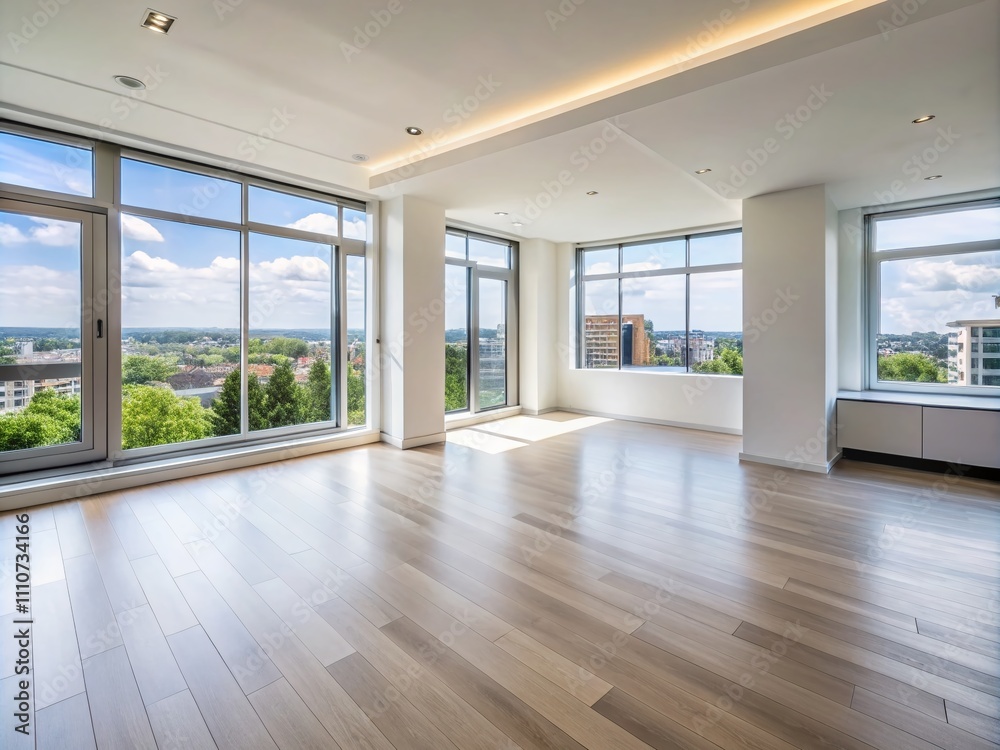 Fototapeta premium Luxurious Minimalist Apartment Interior with Spacious Windows and Serene White Walls, Showcasing Modern Design and Clean Aesthetic for Contemporary Living Spaces