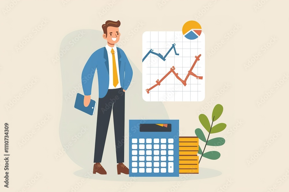 A man stands in front of a calculator and a stack of papers A man stands in front of a calculator and a stack of papers