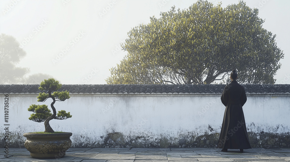 Obraz premium Man in traditional attire observes a bonsai tree and lush foliage in a tranquil courtyard under soft daylight
