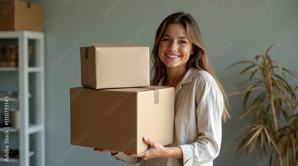 Happy woman holding cardboard boxes, ready for a move or new home Happy woman holding cardboard boxes, ready for a move or new home