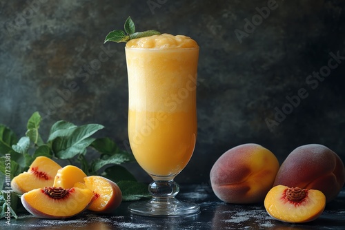 Refreshing Peach Bellini on Black Tabletop photo