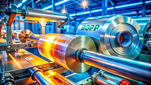 Macro Photography of BOPP Film Production: A Roll of Plastic Packaging Film on an Automatic Packing Machine in a Modern Food Product Factory Setting photo