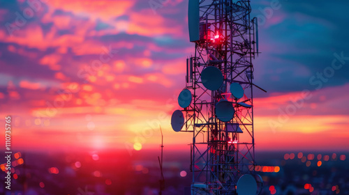 Close up of telecommunications tower at sunset, showcasing vibrant colors and intricate details. scene captures beauty of technology against stunning sky
