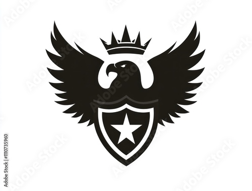 Here's a description and keywords for your image.. Majestic eagle emblem with crown and shield, star.