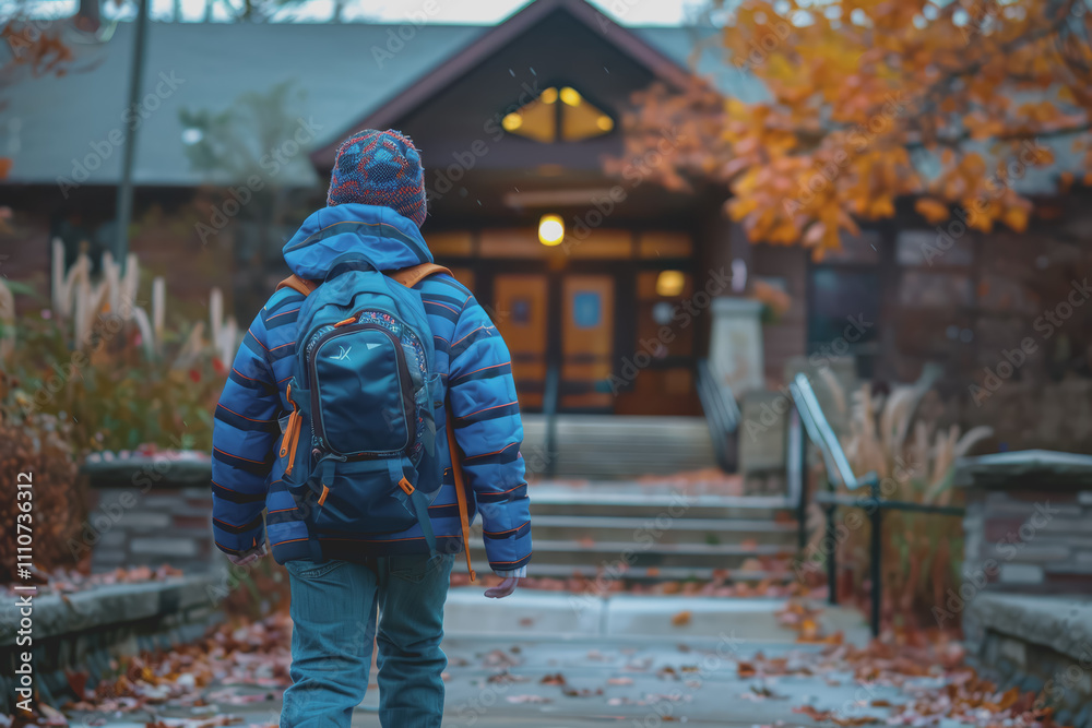 A student carries a backpack and walks up the stairs to the school entrance to study. A student carries a backpack and walks up the stairs to the school entrance to study.