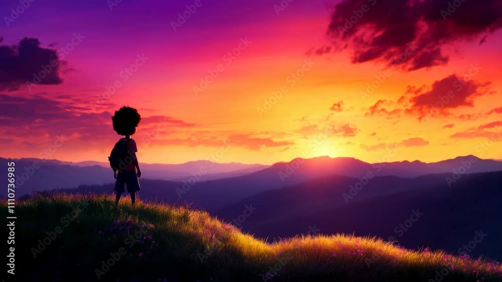 A child gazing at a vibrant sunset, embodying wonder and joy in nature's beauty. A child gazing at a vibrant sunset, embodying wonder and joy in nature's beauty.