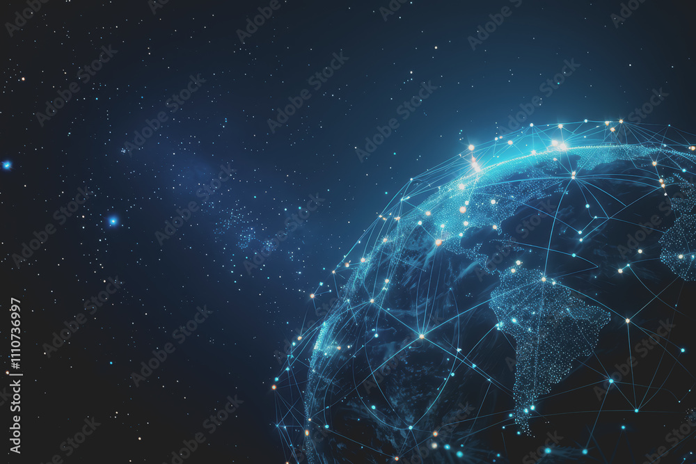 Obraz premium Abstract digital background with a blue gradient and glowing planets with connecting dots.