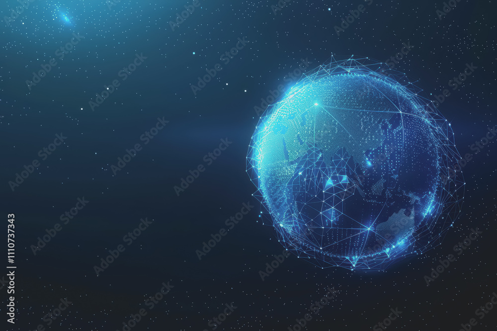 Naklejka premium Abstract digital background with a blue gradient and glowing planets with connecting dots.