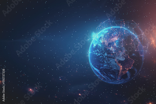 Abstract digital background with a blue gradient and glowing planets with connecting dots.