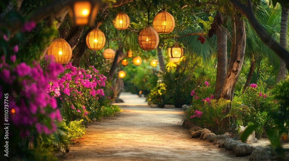 Fototapeta premium Romantic pathway lit by lanterns at dusk.