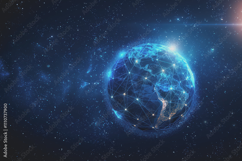 Fototapeta premium Abstract digital background with a blue gradient and glowing planets with connecting dots.