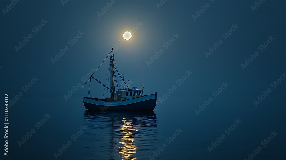 A fishing boat glowing softly under the light of the full moon on a calm sea A fishing boat glowing softly under the light of the full moon on a calm sea