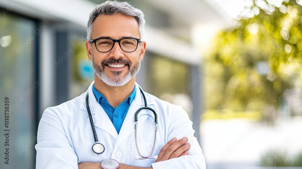 Confident male doctor with a stethoscope smiling outdoors against a colorful building and blue sky, symbolizing health and approachability. Confident male doctor with a stethoscope smiling outdoors against a colorful building and blue sky, symbolizing health and approachability.