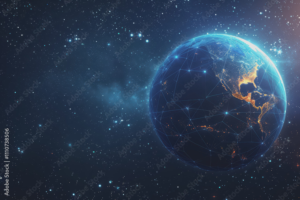 Obraz premium Abstract digital background with a blue gradient and glowing planets with connecting dots.