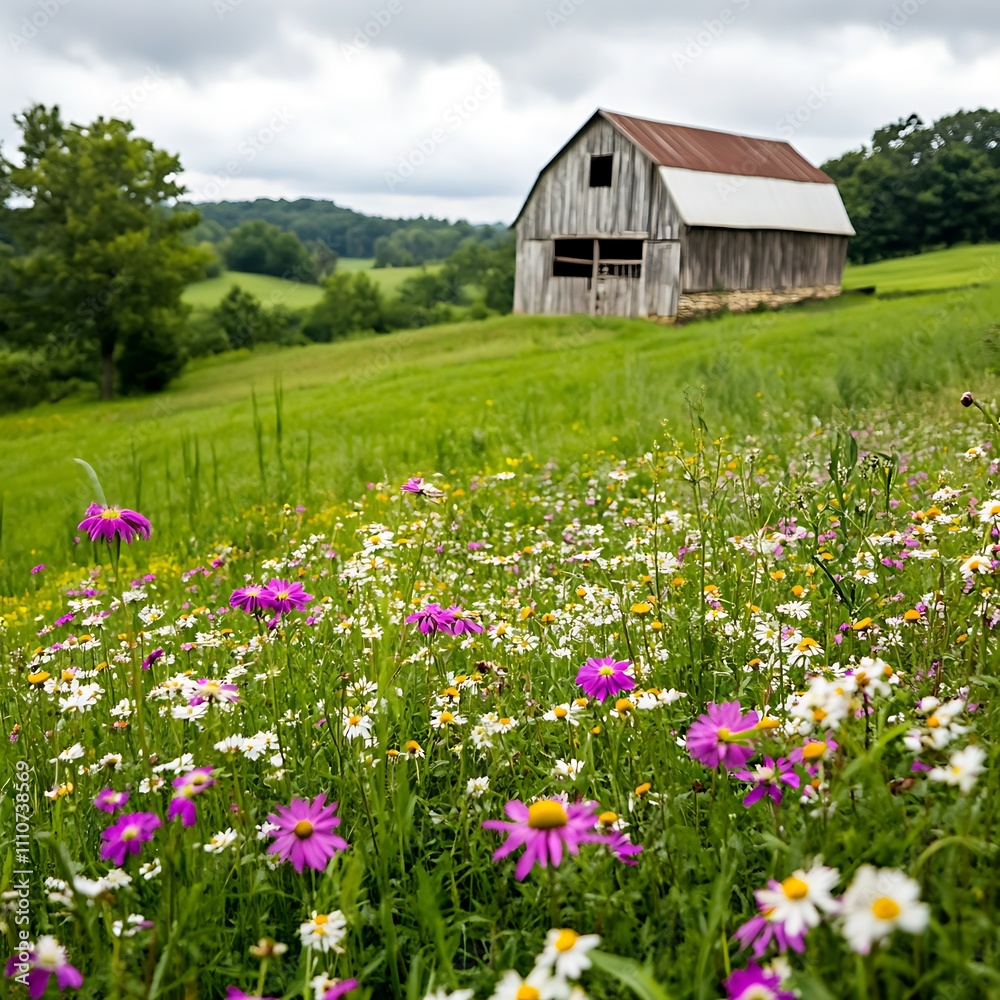 Rustic Barn Surrounded by Vibrant Wildflowers in Countryside Landscape Rustic Barn Surrounded by Vibrant Wildflowers in Countryside Landscape