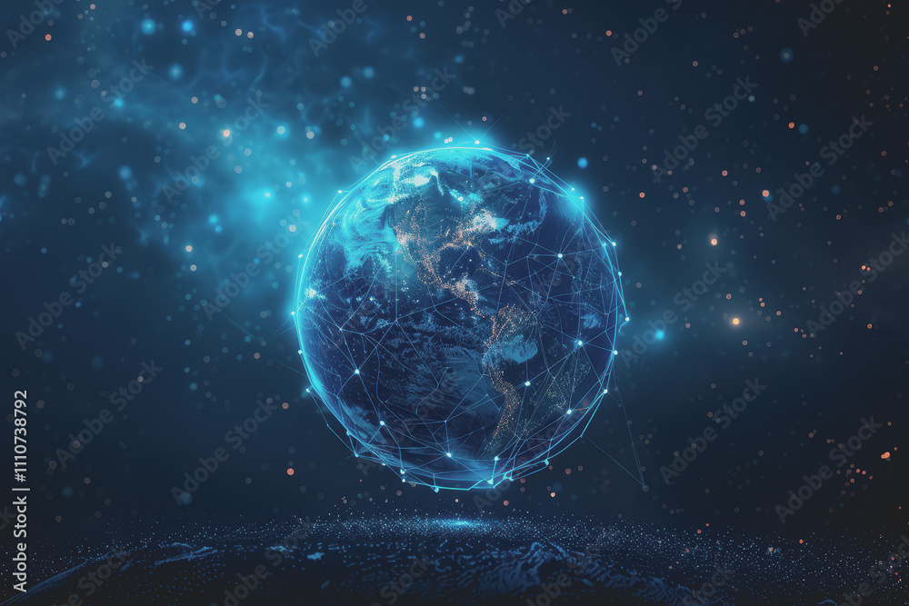 Abstract digital background with a blue gradient and glowing planets with connecting dots. Abstract digital background with a blue gradient and glowing planets with connecting dots.