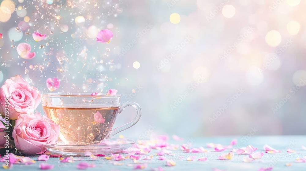 Soft pink tea cup with roses and falling petals, creating a romantic, dreamy floral scene. Soft pink tea cup with roses and falling petals, creating a romantic, dreamy floral scene.