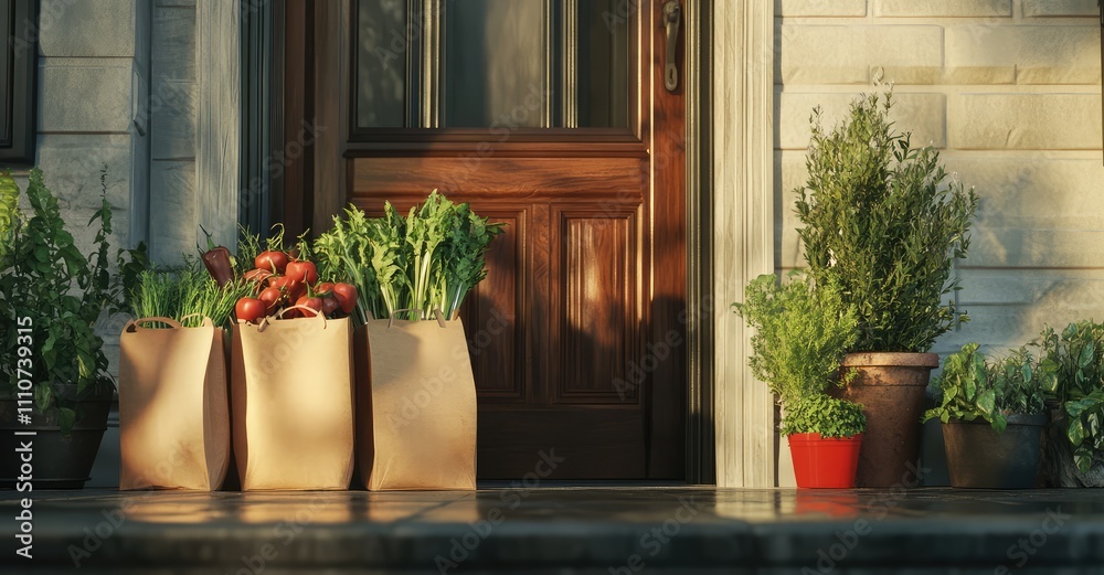 Groceries in Paper Bags at House Door. AI generated illustration.