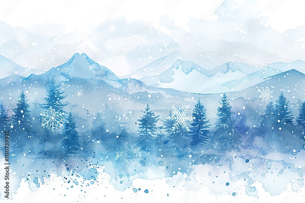 A painting of a snowy mountain range with trees and snow A painting of a snowy mountain range with trees and snow
