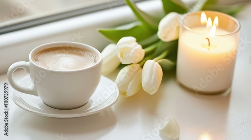 White cup of coffee, white tulips, and a lit candle on a table near a window, creating a peaceful morning atmosphere.