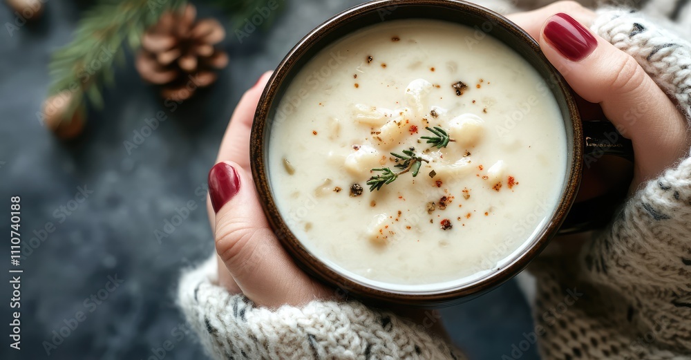 Hands Holding a Mug of Soup. AI generated illustration. Hands Holding a Mug of Soup. AI generated illustration.