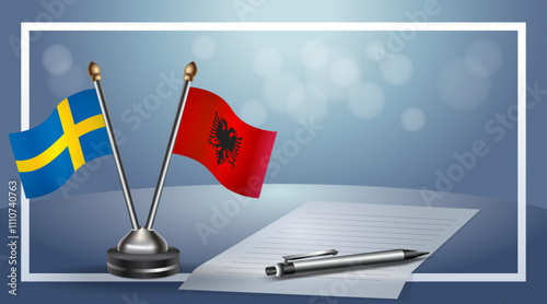 Sweden and Albania Small national flag on bokeh background, cooperative relationship