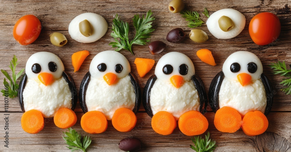 Fototapeta premium Healthy Fun Art Food Snacks Shaped as Penguins. AI generated illustration.