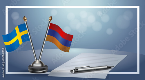 Sweden and Armenia Small national flag on bokeh background, cooperative relationship