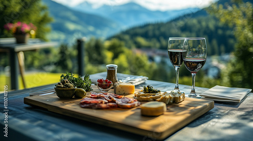 Brettljause with wine and charcuterie in scenic alpine setting photo