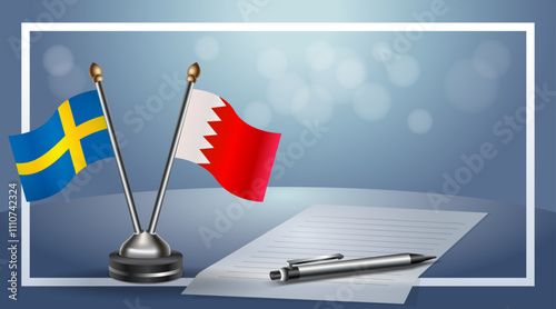Sweden and Bahrain Small national flag on bokeh background, cooperative relationship