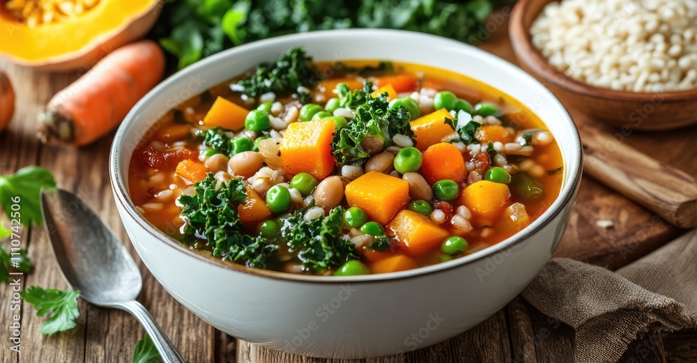 Homemade Italian Winter Minestrone Soup with Vegetables. AI generated illustration. Homemade Italian Winter Minestrone Soup with Vegetables. AI generated illustration.