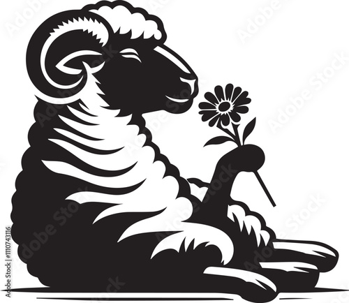 A sheep sitting in a relaxed pose holding a flower in its mouth silhouette vector