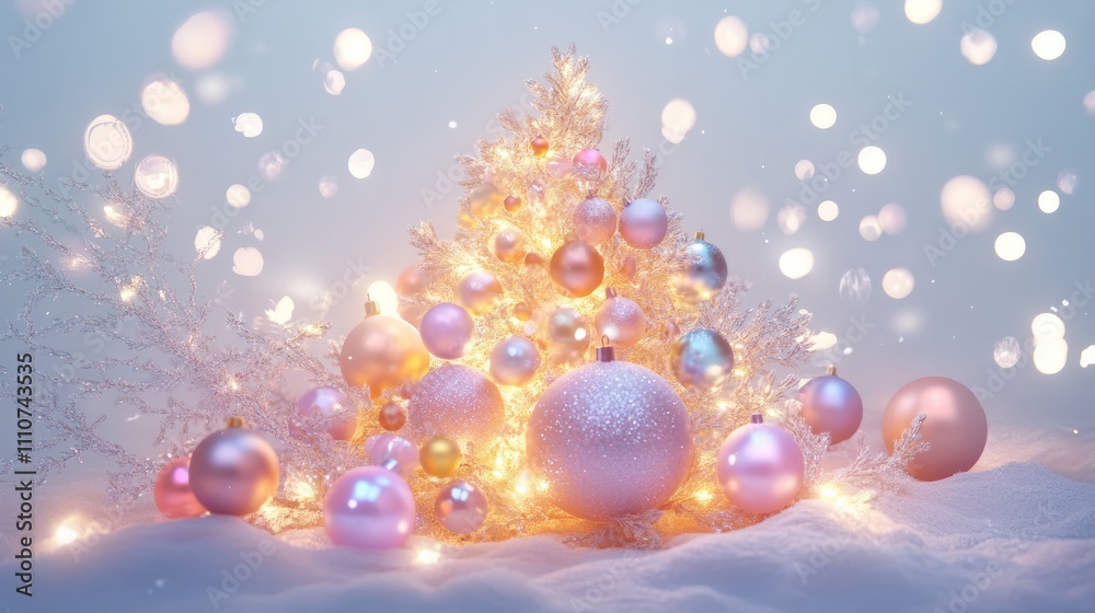 Cartoonish tree with glowing, oversized lights and baubles in pastel colors Cartoonish tree with glowing, oversized lights and baubles in pastel colors