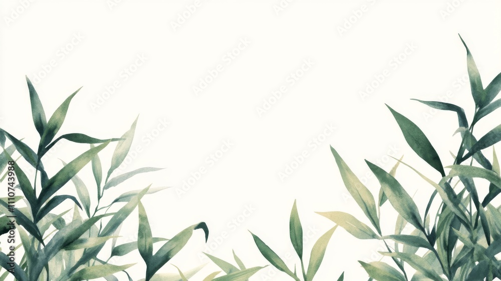 Fototapeta premium Watercolor Green Leaves Border - Botanical Art Print