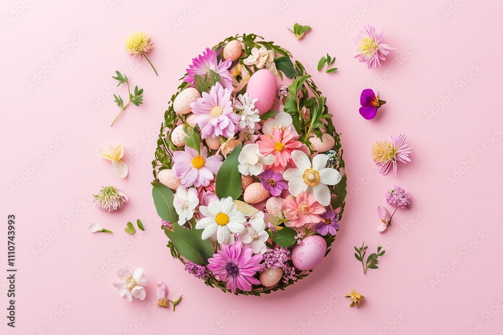 Easter egg shape made with various spring flowers and leaves on pastel pink background. Minimal Happy Easter concept. Flat lay. Easter egg shape made with various spring flowers and leaves on pastel pink background. Minimal Happy Easter concept. Flat lay.