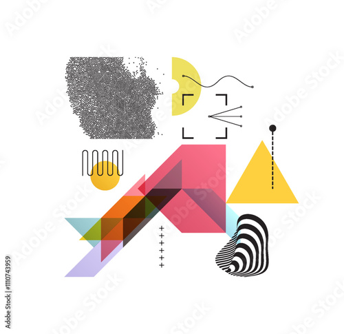 Background of chaotically moving black dots. Geometric composition of flat colourful translucent figures overlapping each other. Dynamic vector illustration for presentation, banner, flyer, brochure.
