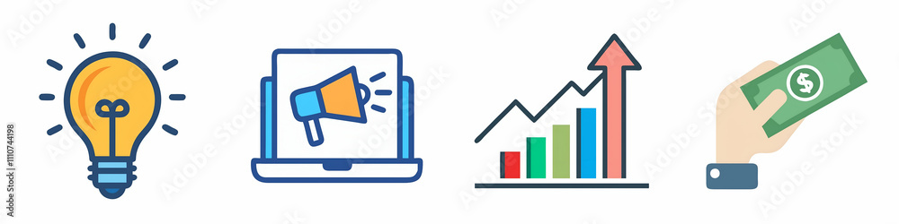A vibrant illustration depicting innovation, marketing, growth analytics, and financial success represented by icons. A vibrant illustration depicting innovation, marketing, growth analytics, and financial success represented by icons.