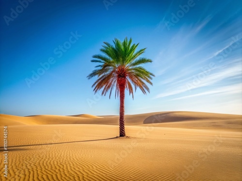 Minimalist Palm Tree in Desert Landscape Embracing Summer Vibes with a Clear Blue Sky and Warm Sand, Perfect for Evoking Tranquility and Natural Beauty in Photography