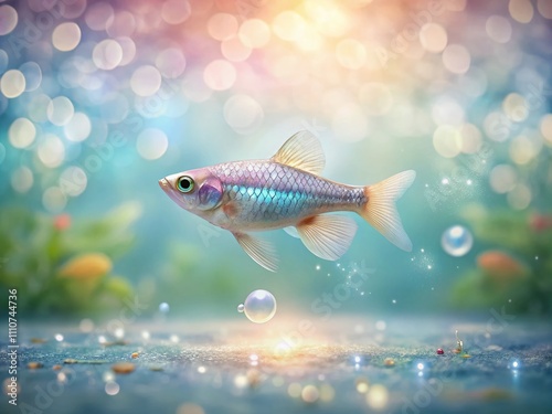 Minimalist Photography of a Celestial Pearl Danio Swimming Gracefully in a Tranquil Aquatic Setting, Capturing the Essence of Nature’s Beauty in Soft Hues and Subtle Textures photo