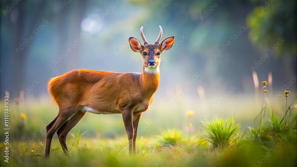 Fototapeta premium Minimalist Photography of a Red Brocket Deer in a Serene Natural Habitat, Focusing on Its Unique Features and the Tranquility of the Surrounding Environment