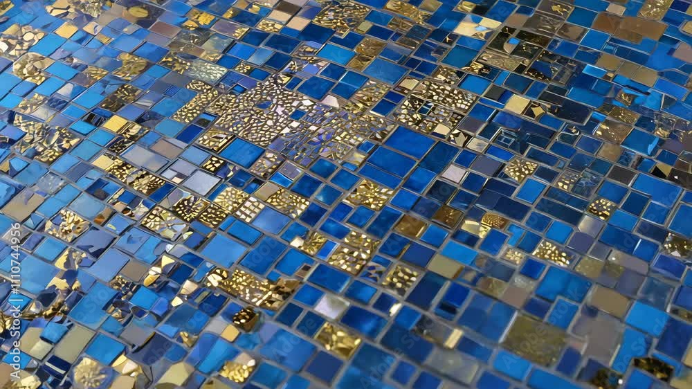 A top view of a flat lay featuring deep blue and gold mosaic tiles arranged in an intricate geometric pattern, with reflective surfaces creating a luxurious effect.