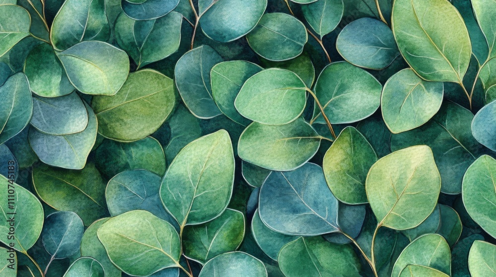 Fototapeta premium Watercolor Eucalyptus Leaves: A Close-Up Look at Nature's Beauty