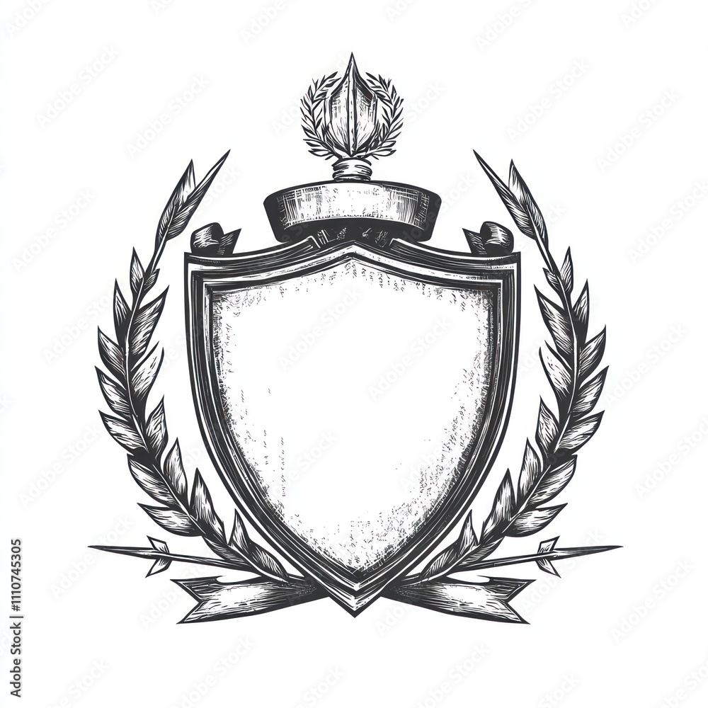 Obraz premium Blank heraldic shield emblem with laurel wreath, ribbons, and crown.