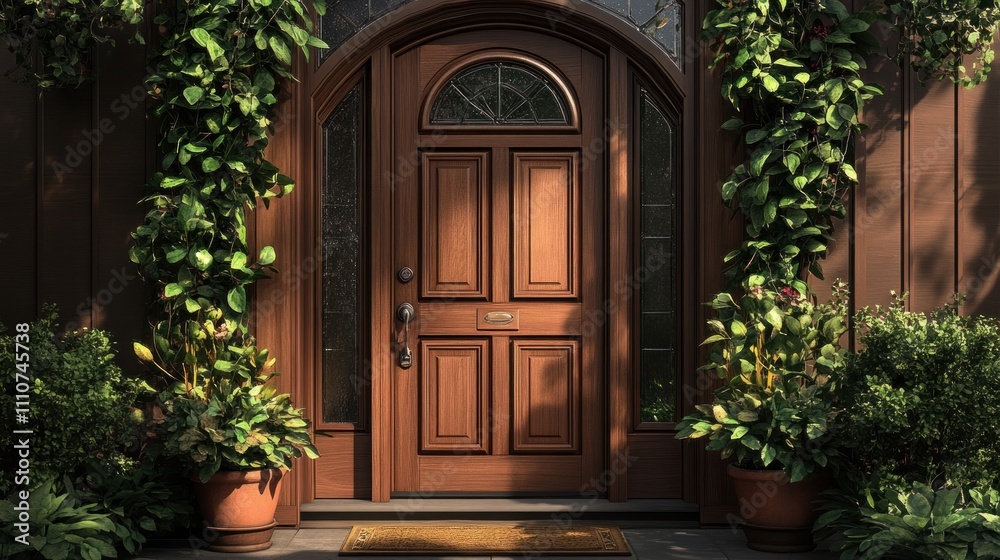 Sunlit brown wooden front door with plants. Sunlit brown wooden front door with plants.