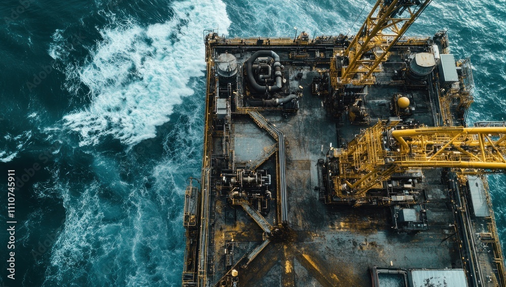 Aerial View of Offshore Oil Rig in Turbulent Ocean Aerial View of Offshore Oil Rig in Turbulent Ocean