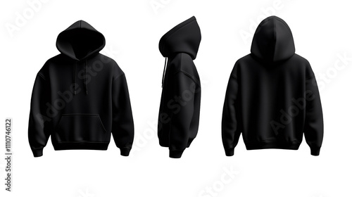 Mockup of a black oversized hoodie, front, side and back views isolated on a transparent background